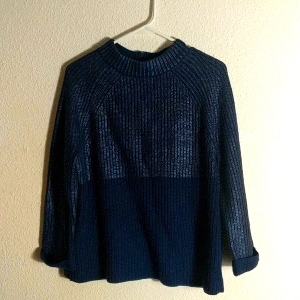 Chico’s Navy Matte Shiny Mock Neck Sweater Cuff Sleeve Chunky Knit Women…